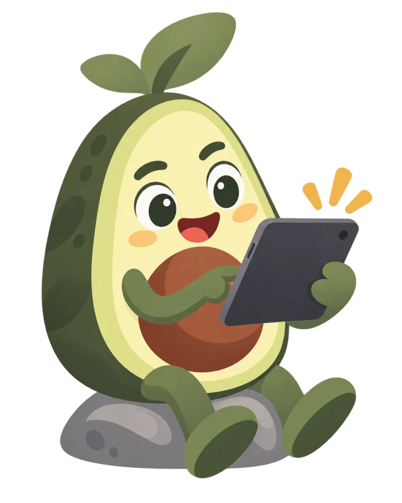 Die teachacado-Avocado tippt begeistert auf einem Tablet.