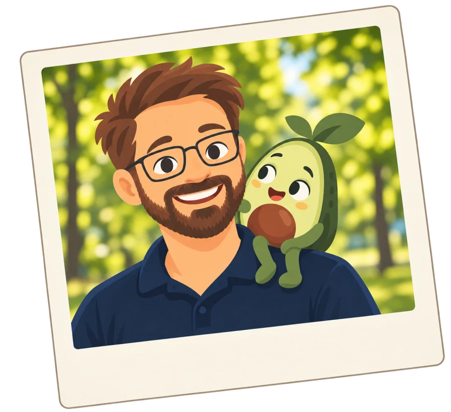 Illustriertes Polaroid von Jesko Fox mit der teachacado-Avocado auf der Schulter.